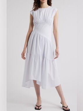 FRAME
Sleeveless
Cotton
Seersucker
Sundress 
White Asymmetric Tiered Midi Dress